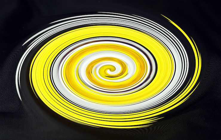 Photo élément de design, tourbillon de spirale jaune blanc sur noir, décor, art, papier peint inhabituel, transitions de couleurs