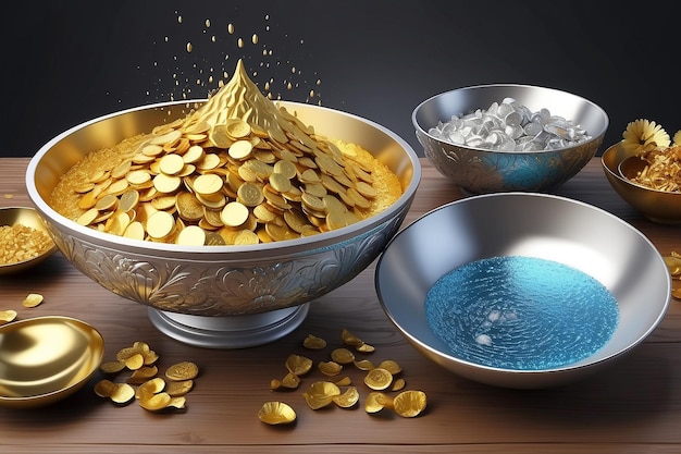 élément d'or et d'argent bol avec de l'eau culture thaïlandaise de l'image tracé 3D
