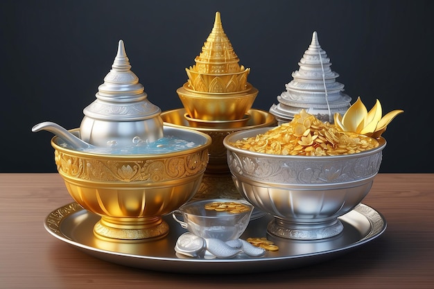 élément d'or et d'argent bol avec de l'eau culture thaïlandaise de l'image tracé 3D