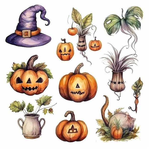 éléments aquarelles jour d'halloween boho en bois