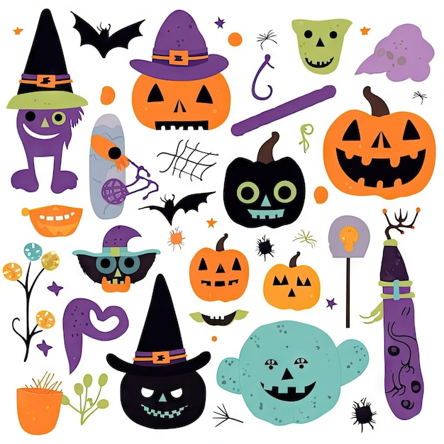 Photo Éléments de clipart halloween mis fond blanc