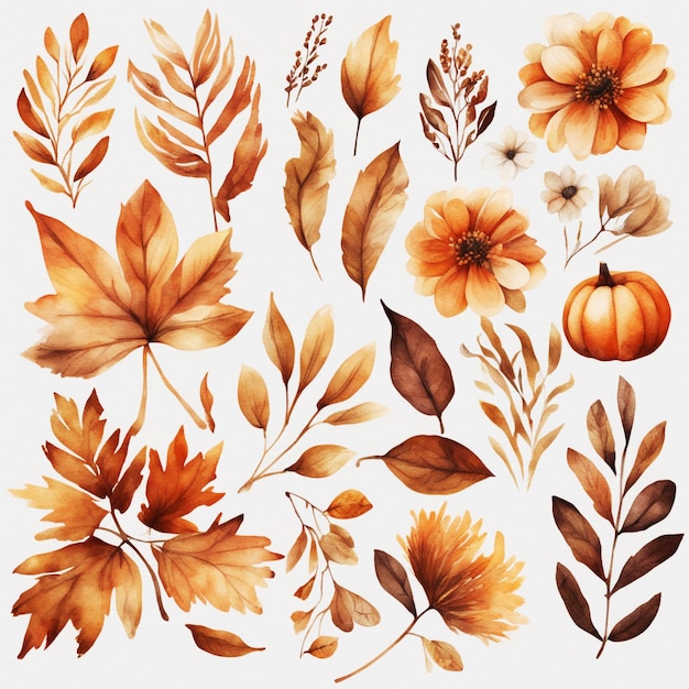 Éléments de cliparts floraux à l'aquarelle d'automne