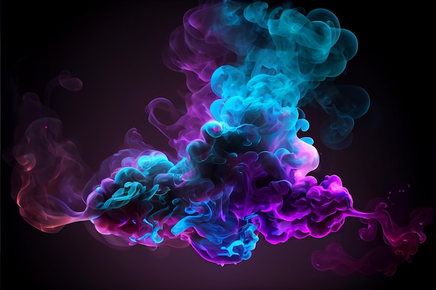 Éléments de conception de nuage de bouffée de fumée multicolores bleu néon et violet sur fond sombre ai générative