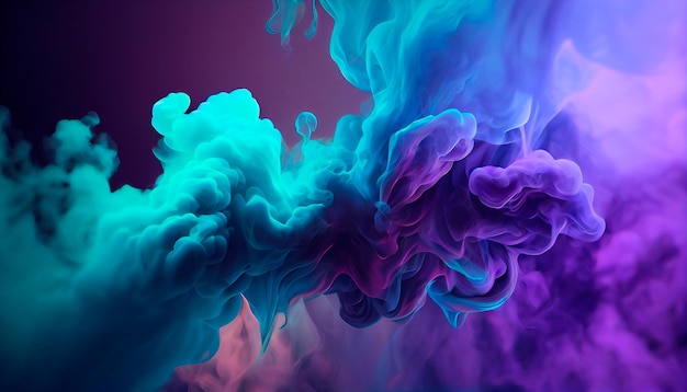 Éléments de conception de nuage de bouffée de fumée multicolores bleu néon et violet sur fond sombre ai générative
