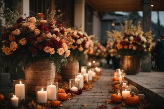 Éléments de décoration de mariage de luxe avec fleurs et bougies pour une cérémonie nocturne en plein air