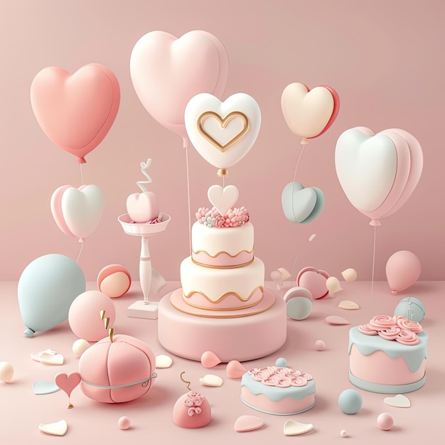 Éléments de mariage et de fiançailles en couleurs pastel douces 3D