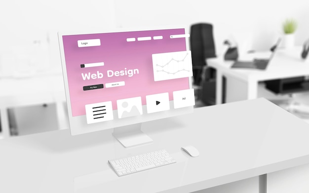 Les éléments de mise en page du studio de conception Web flottent devant un écran d'ordinateur moderne Bureau de studio