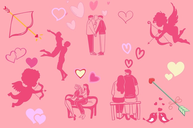 Photo les éléments de la saint-valentin sont des autocollants d'amour, des cœurs de dessins animés, des autocollants romantiques.