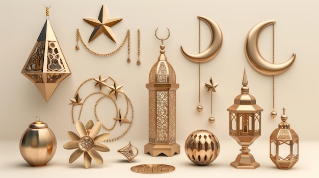 Éléments de vacances islamiques tridimensionnels isolés sur un fond beige clair Inclut le décor de la lune croissante, le chapelet, les feuilles dorées, la lanterne du Ramadan et les décorations géométriques