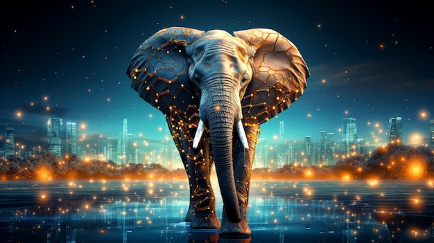 Un éléphant abstrait, technologiquement avancé, marche avec confiance sur un fond brillamment éclairé.