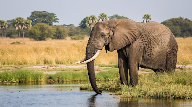 L'éléphant africain se tient au bord de l'eau