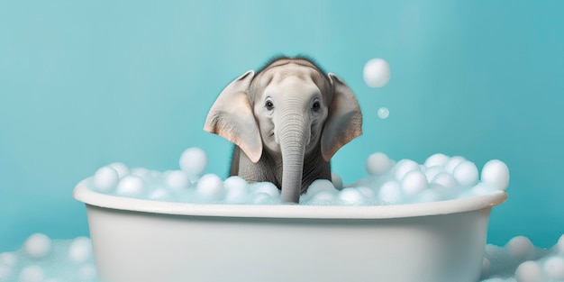 Un éléphant albinos minimaliste dans une baignoire de bulles de savon contre un fond cyan