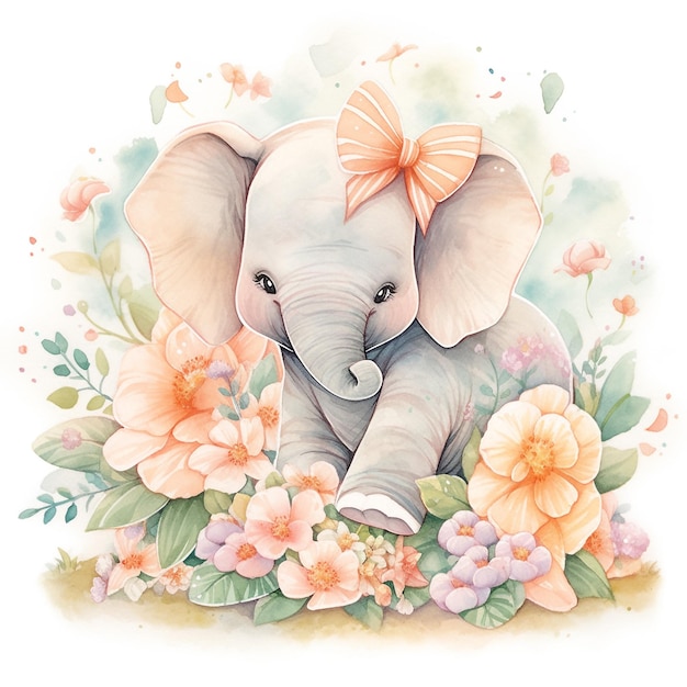 Photo Éléphant avec un arc avec des fleurs autour