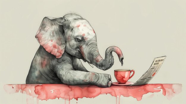 Photo un éléphant assis à table avec une tasse de café