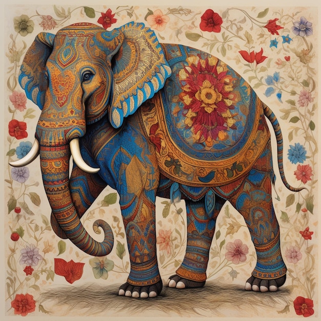 éléphant aux couleurs vives avec un design orné sur fond floral ai générative