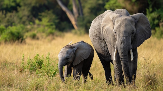 un éléphant et un bébé elephant dans un champ d'herbe