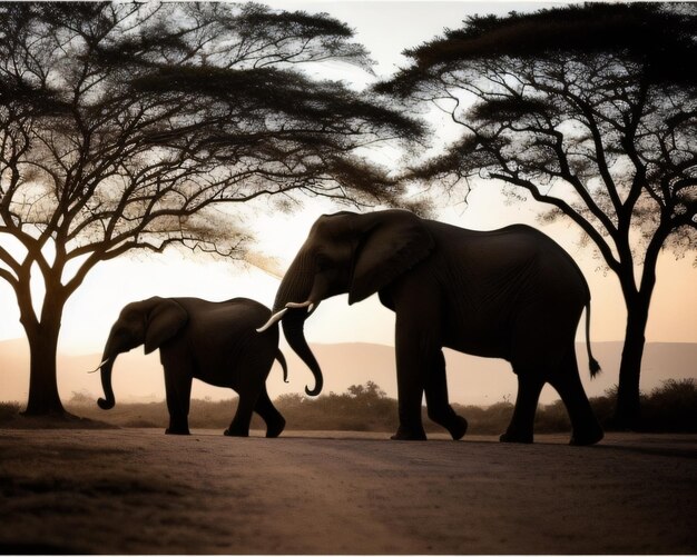 Un éléphant et un bébé éléphant marchent ensemble dans la nature.