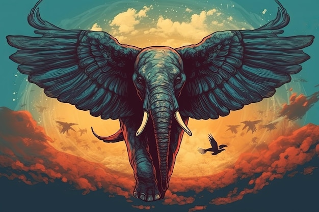 Photo Éléphant bleu ailé au coucher du soleil illustration générative ai