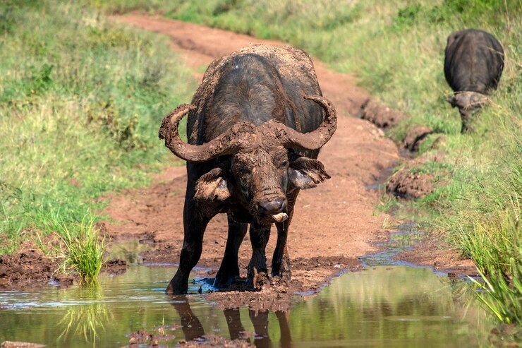 Photo un éléphant boit de l'eau dans un lac.
