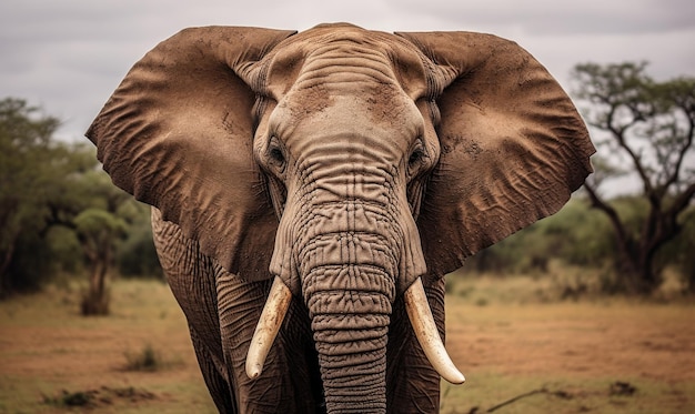 Un éléphant debout dans un champ avec des arbres en arrière-plan