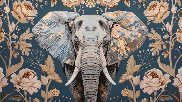 Photo un éléphant décoratif sur un fond floral artistique, un thème de faune élégant dans le style de décoration de la maison, parfait pour les œuvres d'art et les textiles, un design animal captivant, une ia.