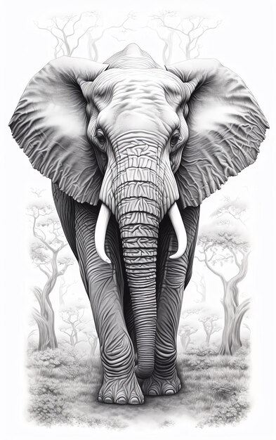Un éléphant avec des défenses et des arbres