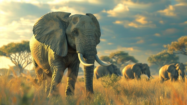 un éléphant avec des défenses dans un champ avec un coucher de soleil en arrière-plan