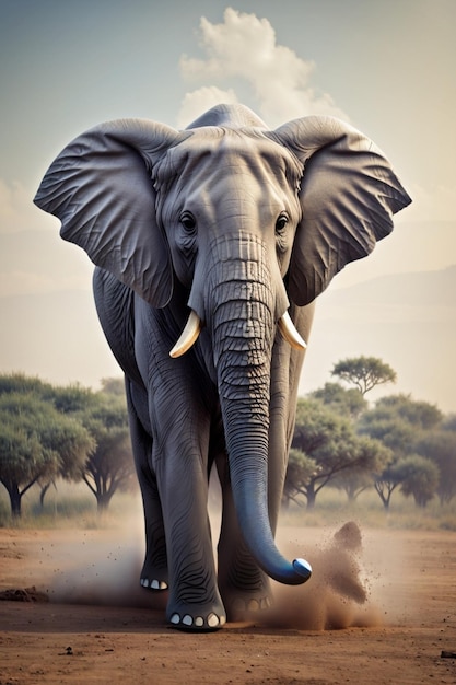 Un éléphant avec des défenses sur la tête est à l'état sauvage.