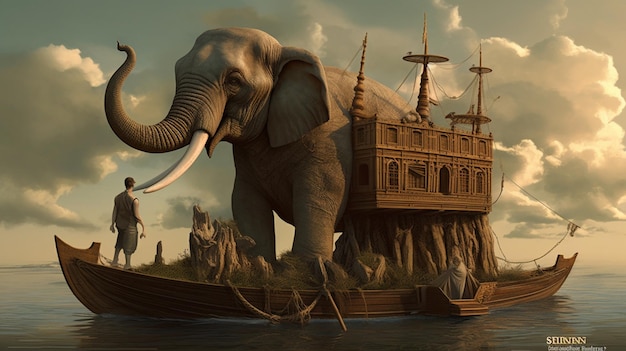 Un éléphant est sur un bateau dans l'eau.