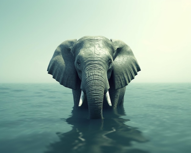 Un éléphant est dans l'eau avec sa trompe dans l'eau