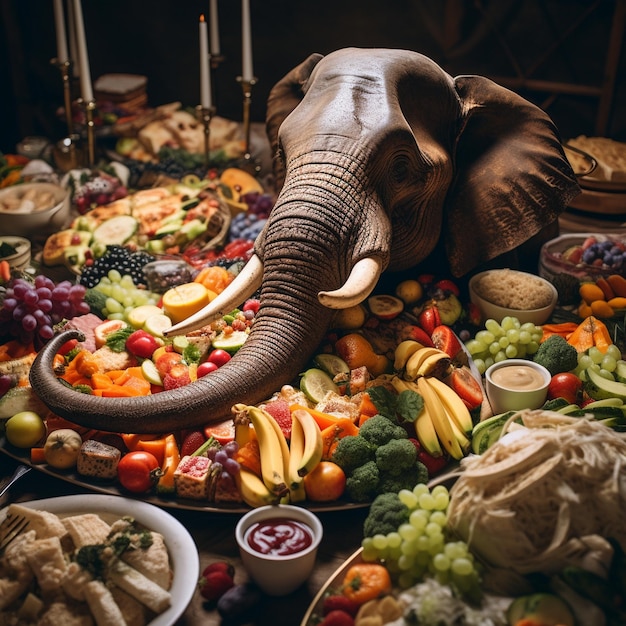 un éléphant est entouré de fruits et légumes sur une table.