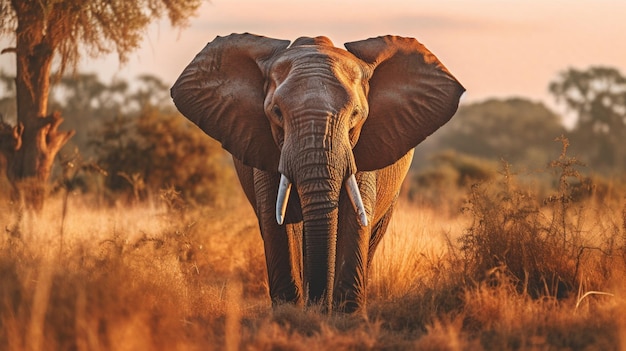 Un éléphant à l'état sauvage au coucher du soleil