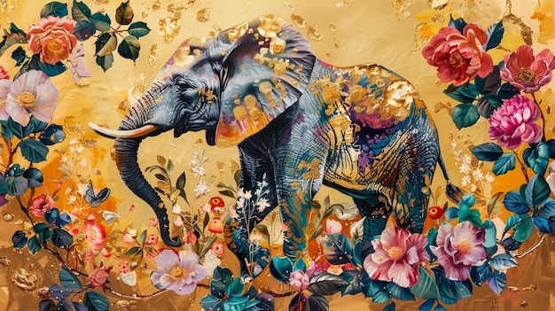 un éléphant avec des fleurs et un elephant