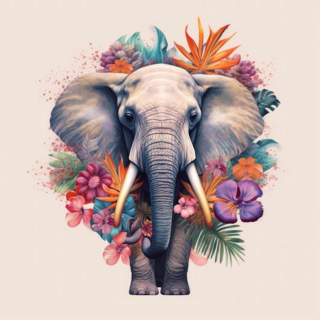 Un éléphant avec des fleurs et des feuilles sur la tête