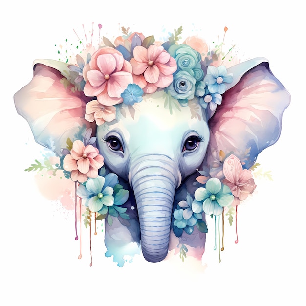 un éléphant avec des fleurs sur la tête et le mot éléphant dessus.