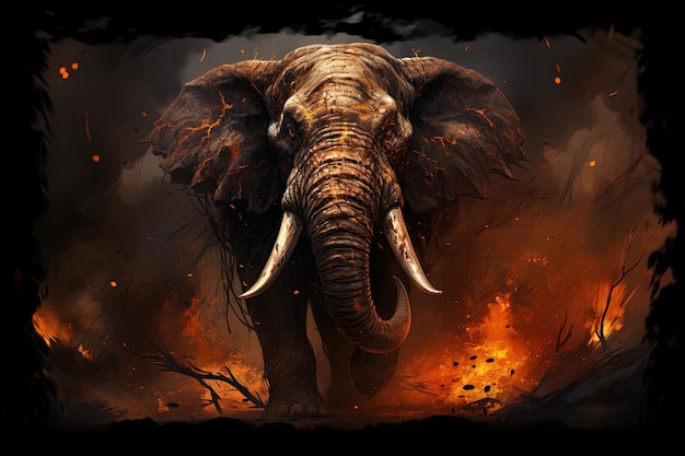 Photo un éléphant avec un fond brûlant et un feu en arrière-plan