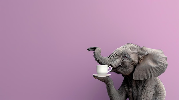 Photo un éléphant avec un fond rose tient une tasse de thé avec sa trompe. l'éléphant a l'air de profiter du thé.