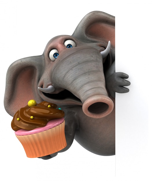 Éléphant illustré amusant 3D tenant un muffin