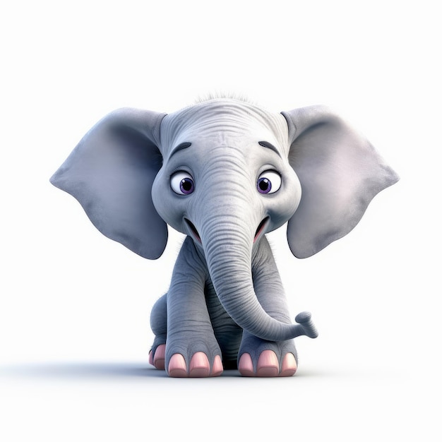 Un éléphant impressionnant dans le style Pixar sur fond blanc en 8k Uhd