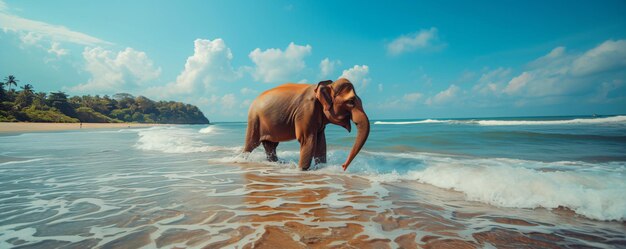 Photo un éléphant indien se baigne sur une plage tropicale ensoleillée un bébé éléphante se promène sur la côte nature sauvage