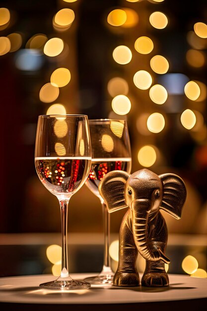 Photo elephant de jouet et verres de champagne sur une table sur un fond bokeh sculptures de jouets adorables