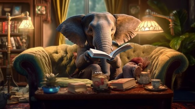 Un éléphant lisant un livre sur un canapé IA générative