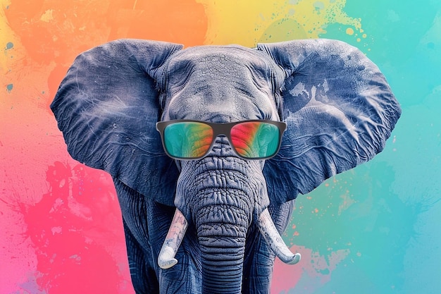 Un éléphant avec des lunettes de soleil sur un fond coloré