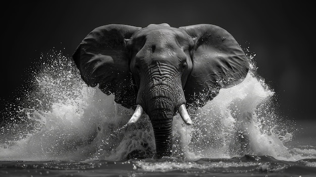 Un éléphant majestueux capturé dans des éclaboussures d'eau dynamiques, un portrait époustouflant de la faune en noir et blanc.