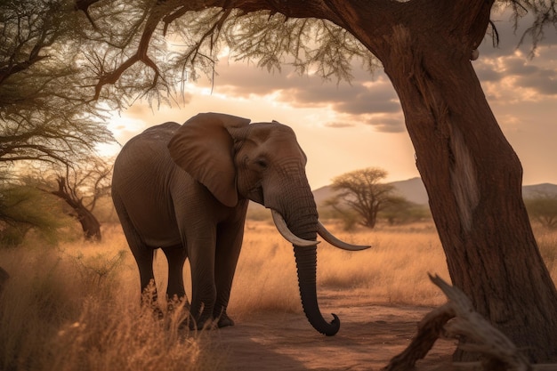 Un éléphant majestueux sur la savane africaine au coucher du soleil