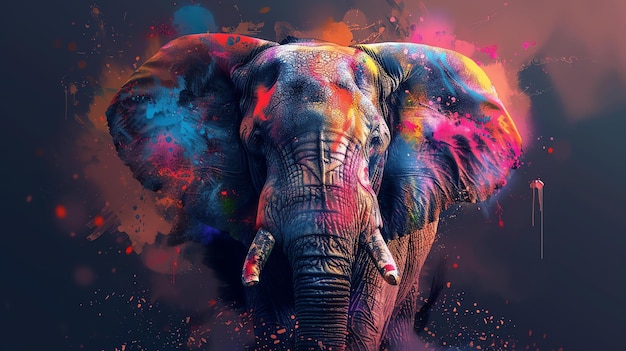 Un éléphant majestueux se dresse haut son visage orné d'une gamme vibrante de couleurs