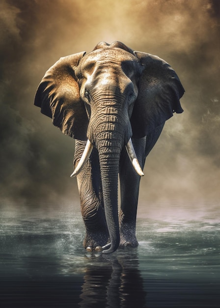 Un éléphant marche dans l'eau avec un fond doré.