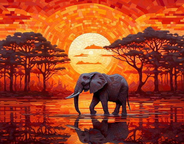 Un éléphant marche dans un point d'eau avec des arbres en arrière-plan.