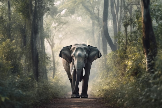 Un éléphant marche le long d'un chemin dans la jungle ai générative