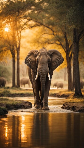 Un éléphant marche à travers un trou d'eau avec des arbres et la lumière du soleil en arrière-plan